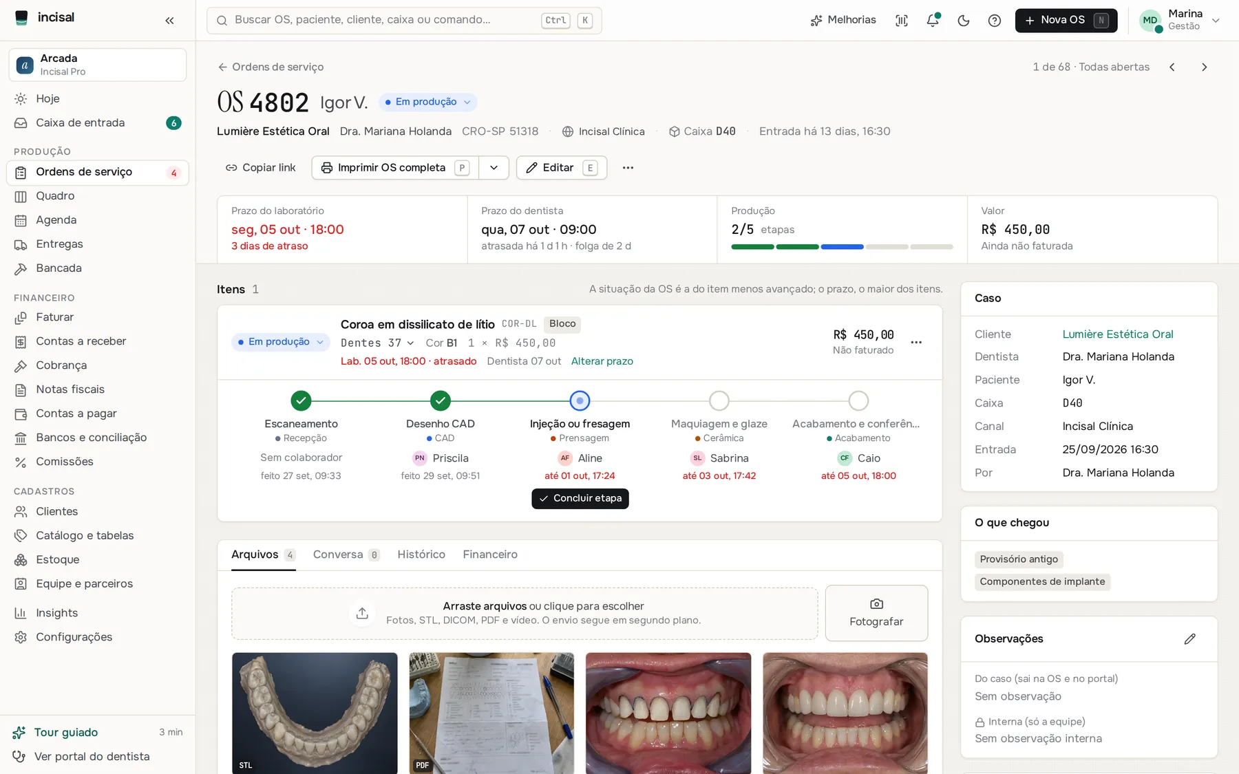 Página de uma OS: prazos do laboratório e do dentista, etapas do item com o técnico de cada uma, dados do caso e arquivos